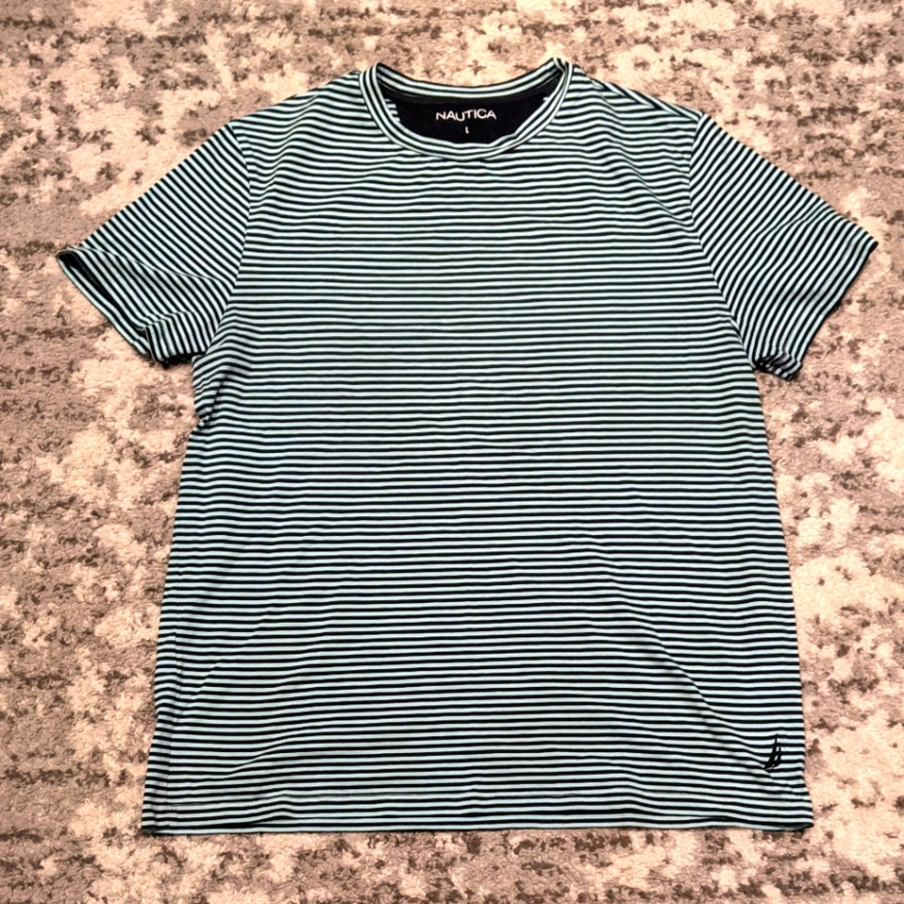 Nautical Sailor T-Shirt Nautica Blue Teal Stripe L